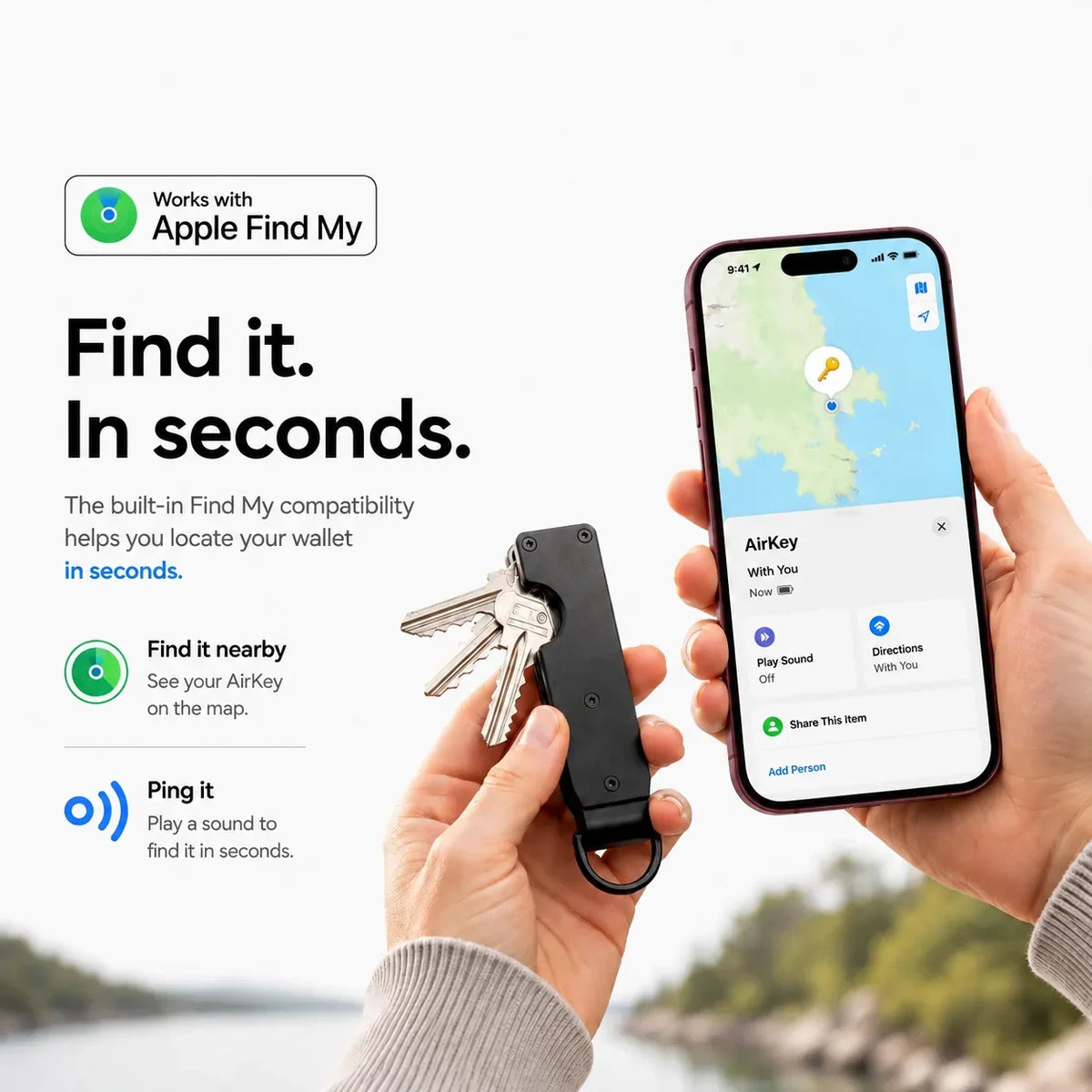 Stealth Black tracking key organizer being located using Find My on a Burgundy iPhone. #color_Stealth Black