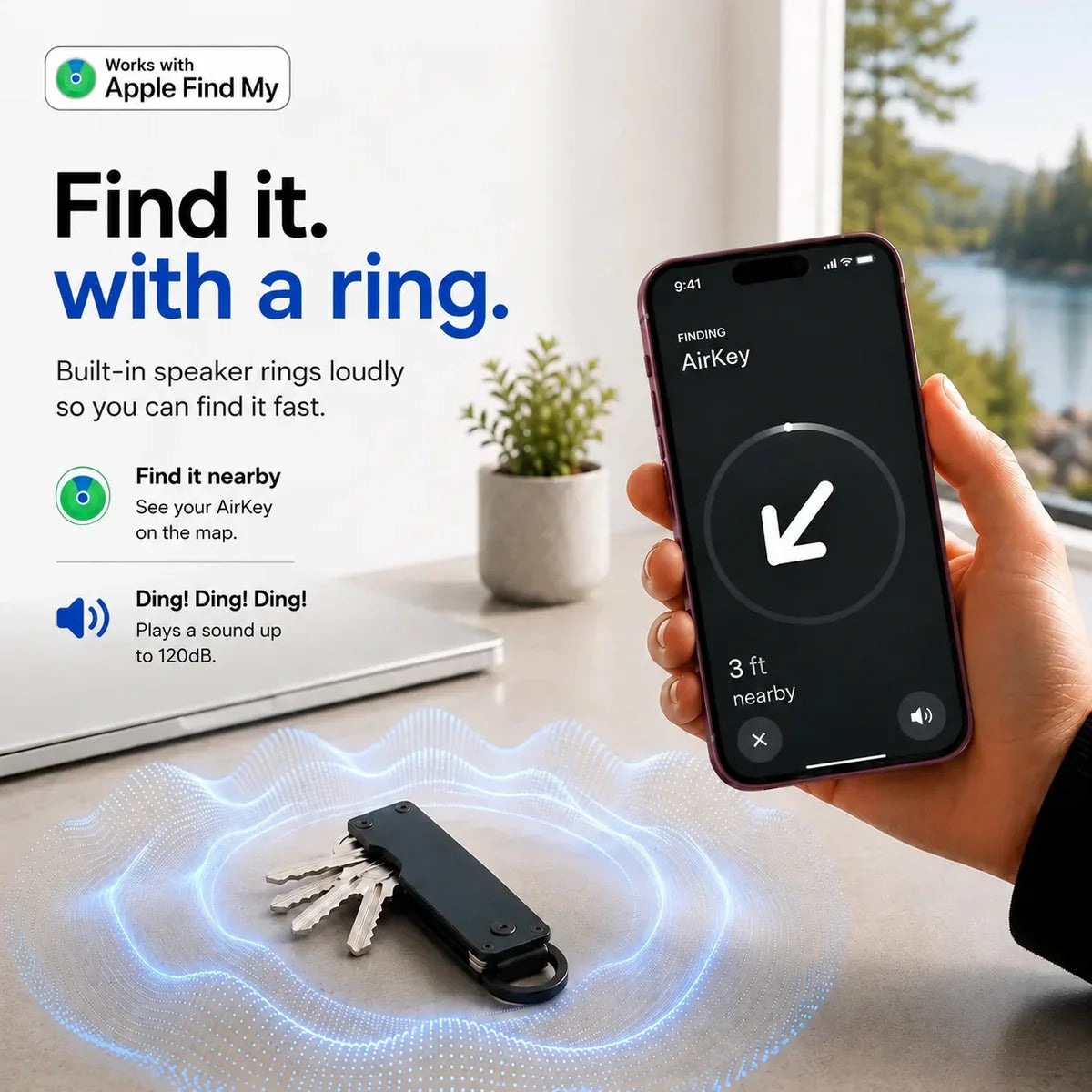 Stealth Black tracking key organizer with a sound illustration and Burgundy iPhone showing the nearby finding screen. #color_Stealth Black