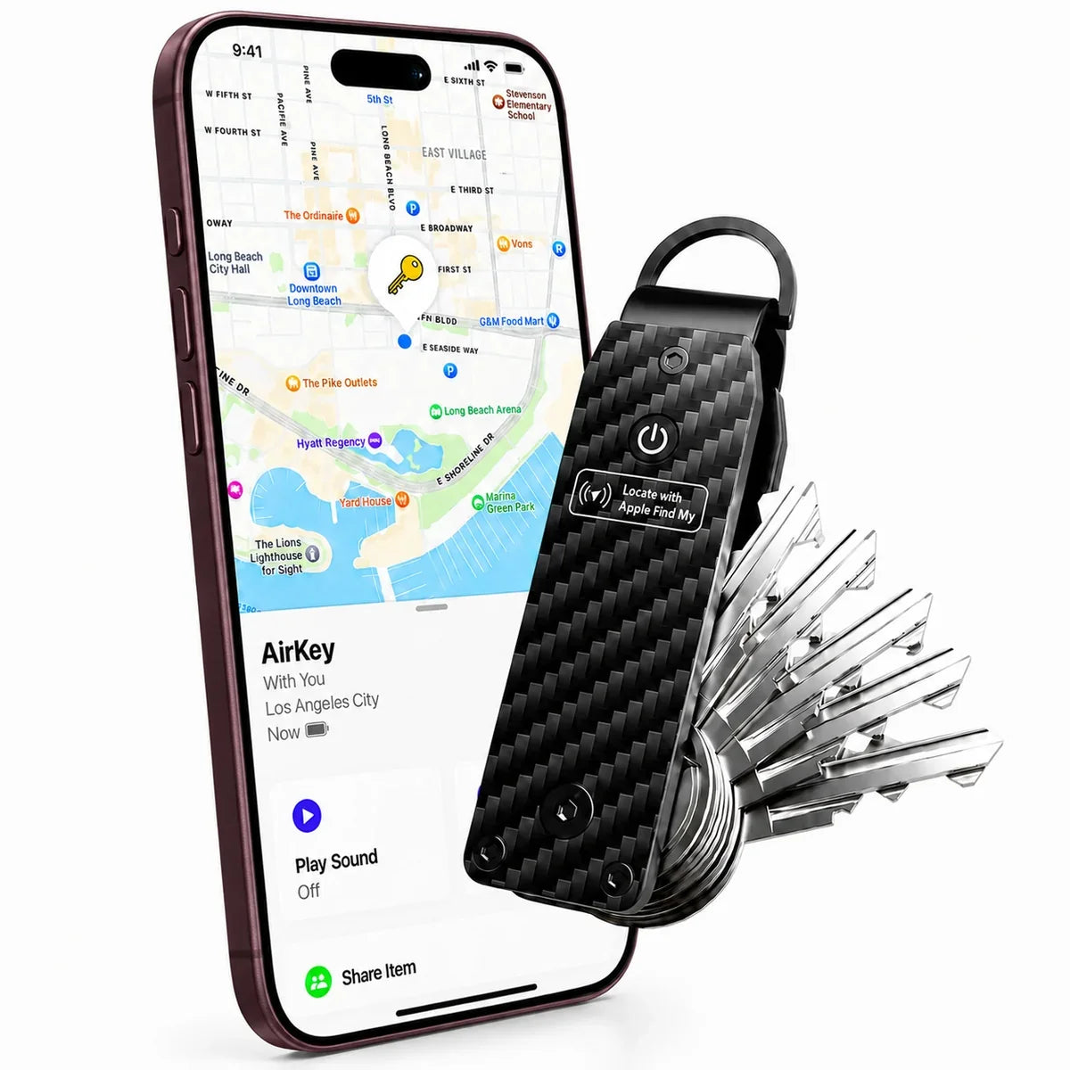 Carbon Weave tracking key organizer beside a Burgundy iPhone showing its location in Find My. #color_Carbon Weave