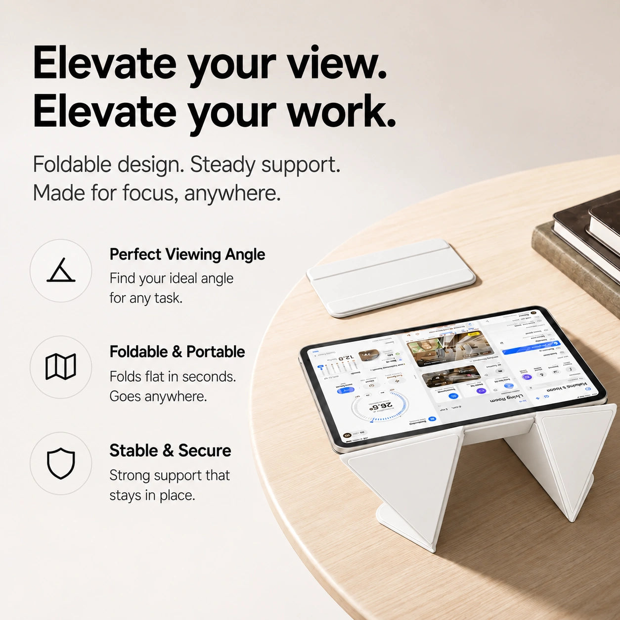 Arctic White folding magnetic tablet stand used at a desk with detachable tray #color_Arctic White