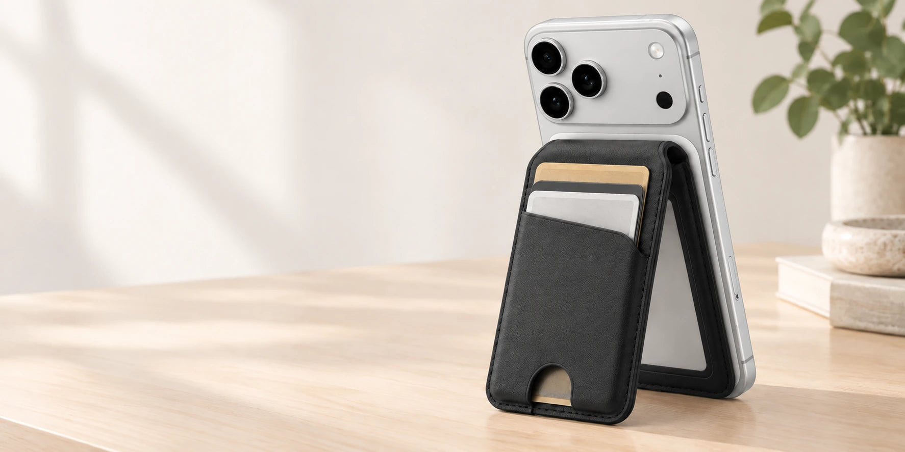 Black folding magnetic wallet holding cards and supporting a silver phone.