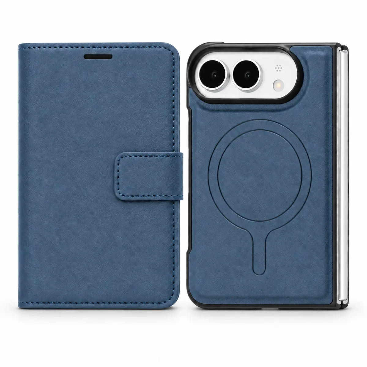 Closed Sapphire Blue wallet folio beside the detachable magnetic phone case, shown from the rear. #color_Sapphire Blue