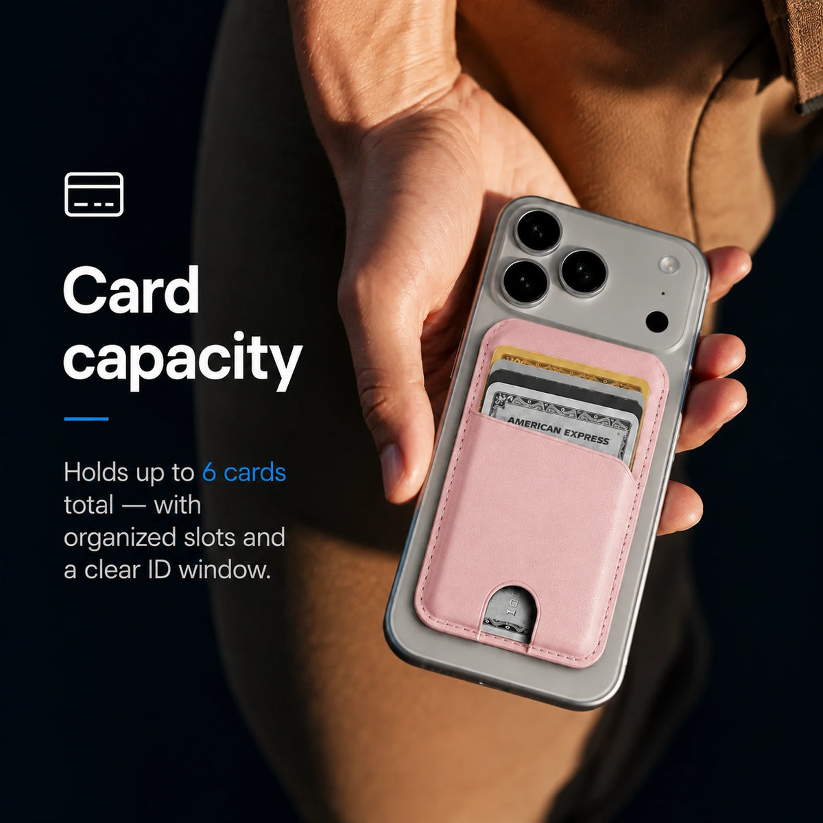 Blush Pink folding magnetic card wallet held with cards inside #color_Blush Pink
