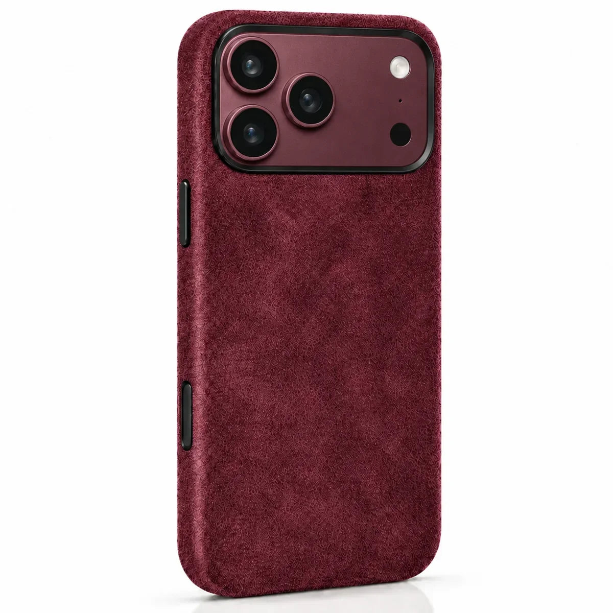 Burgundy fabric phone case with a matching Burgundy camera surface and a black protective rim. #color_Burgundy