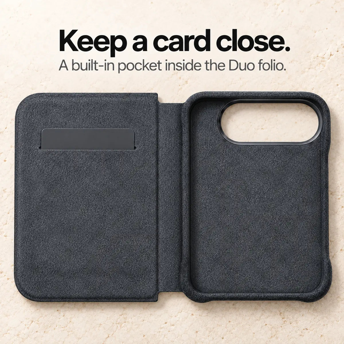 Charcoal Gray Alcantara folio case for iPhone Duo, opened folio showing its built-in card pocket and camera opening #color_Charcoal Gray