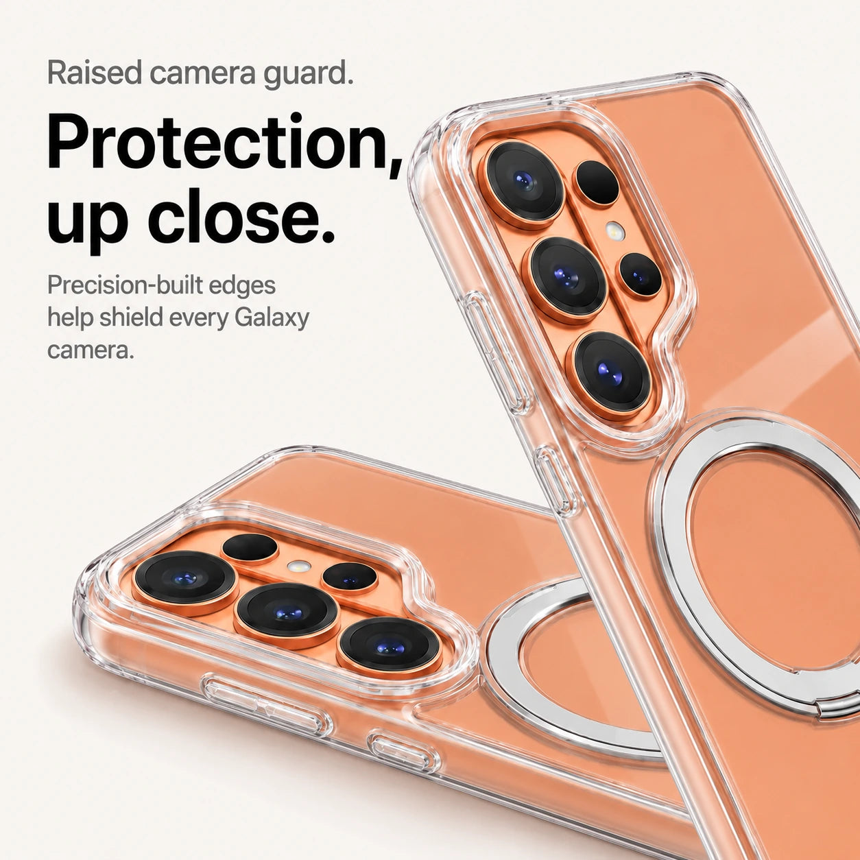 Clear ring stand phone case showing its raised camera guard in two close views #color_Transparent
