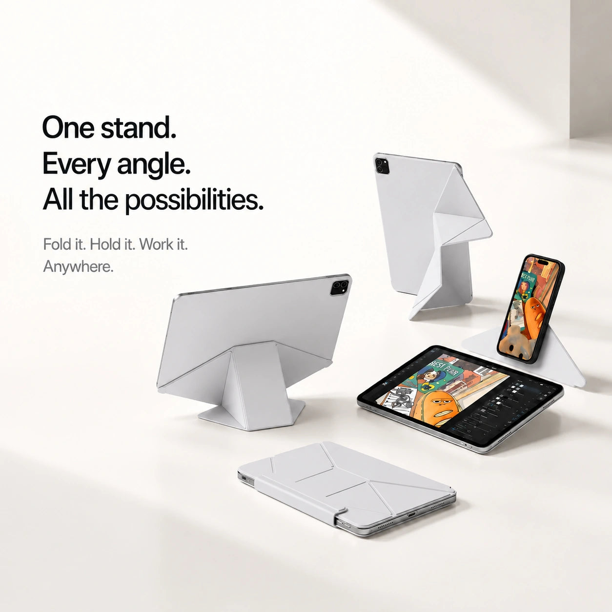 Frost Gray folding magnetic tablet stand shown at multiple viewing angles #color_Frost Gray