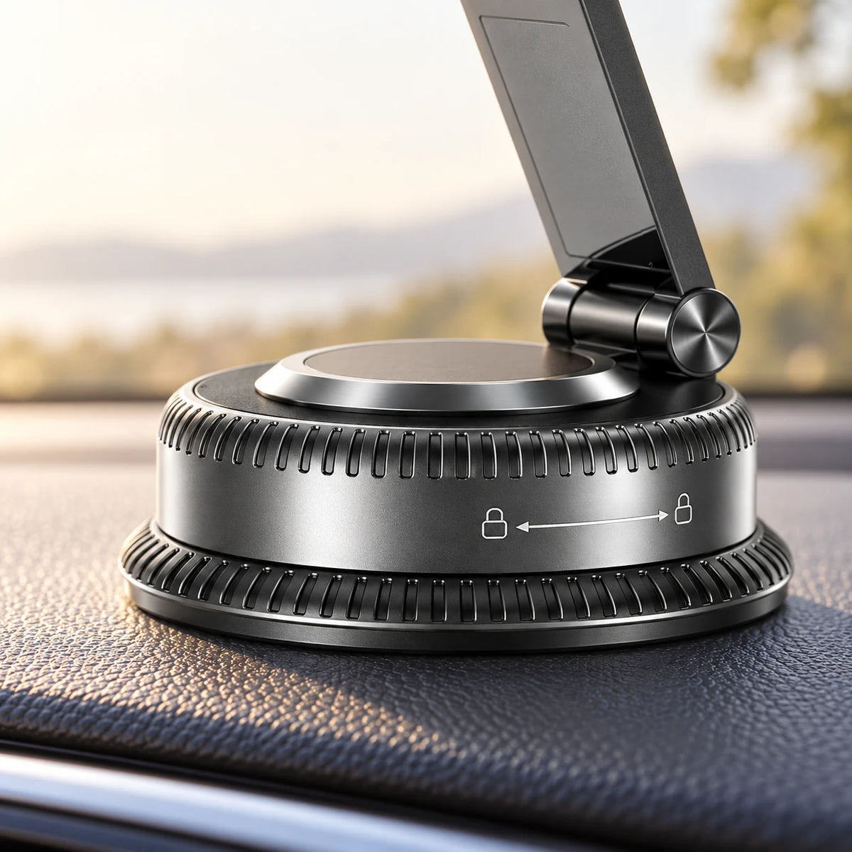 Close-up of the knurled suction base of a graphite phone mount.