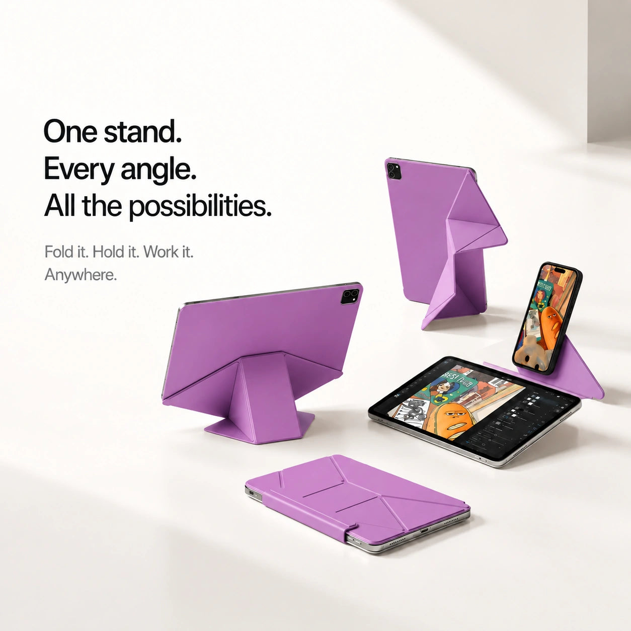 Lavender folding magnetic tablet stand shown at multiple viewing angles #color_Lavender