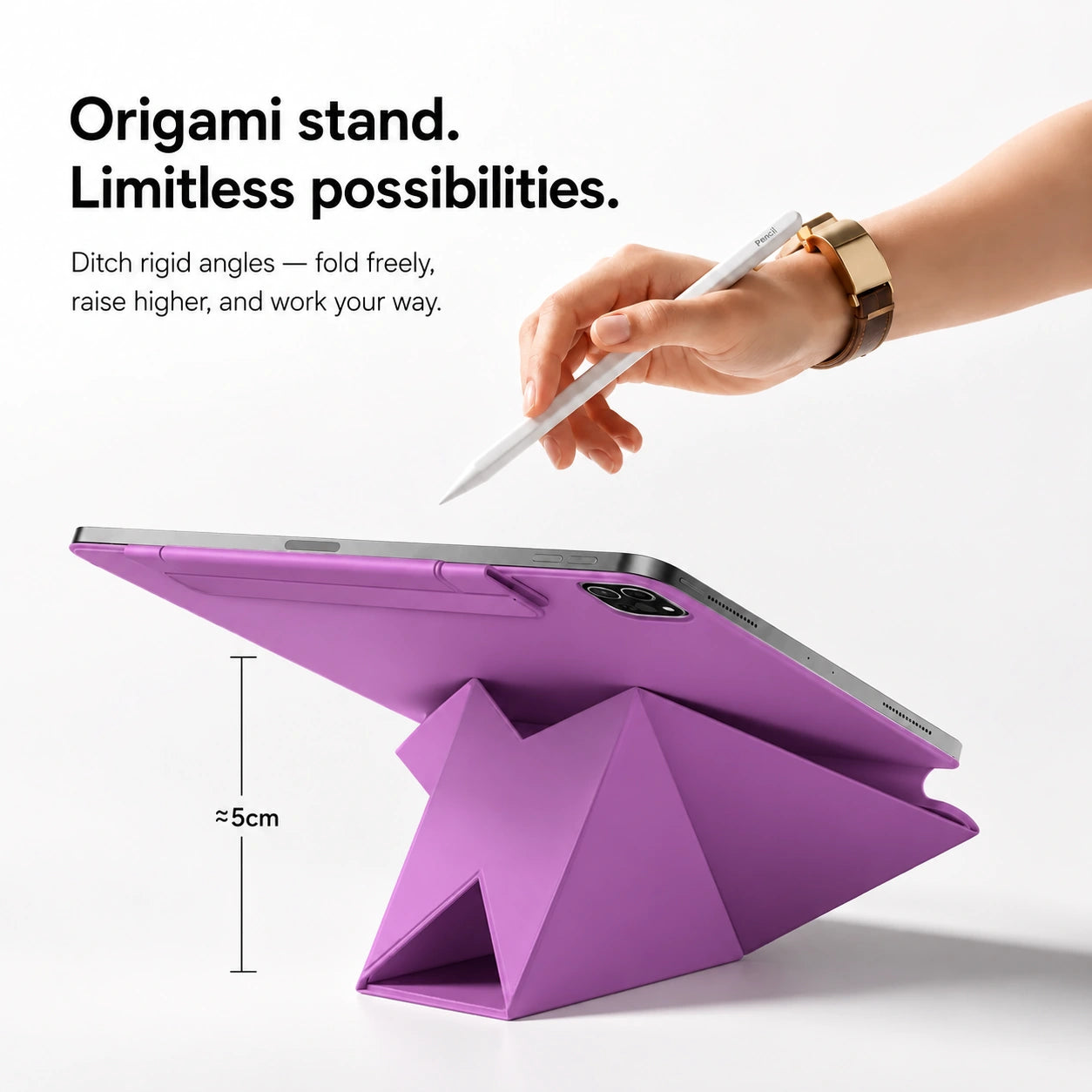 Lavender folding magnetic tablet stand supporting an angled tablet #color_Lavender