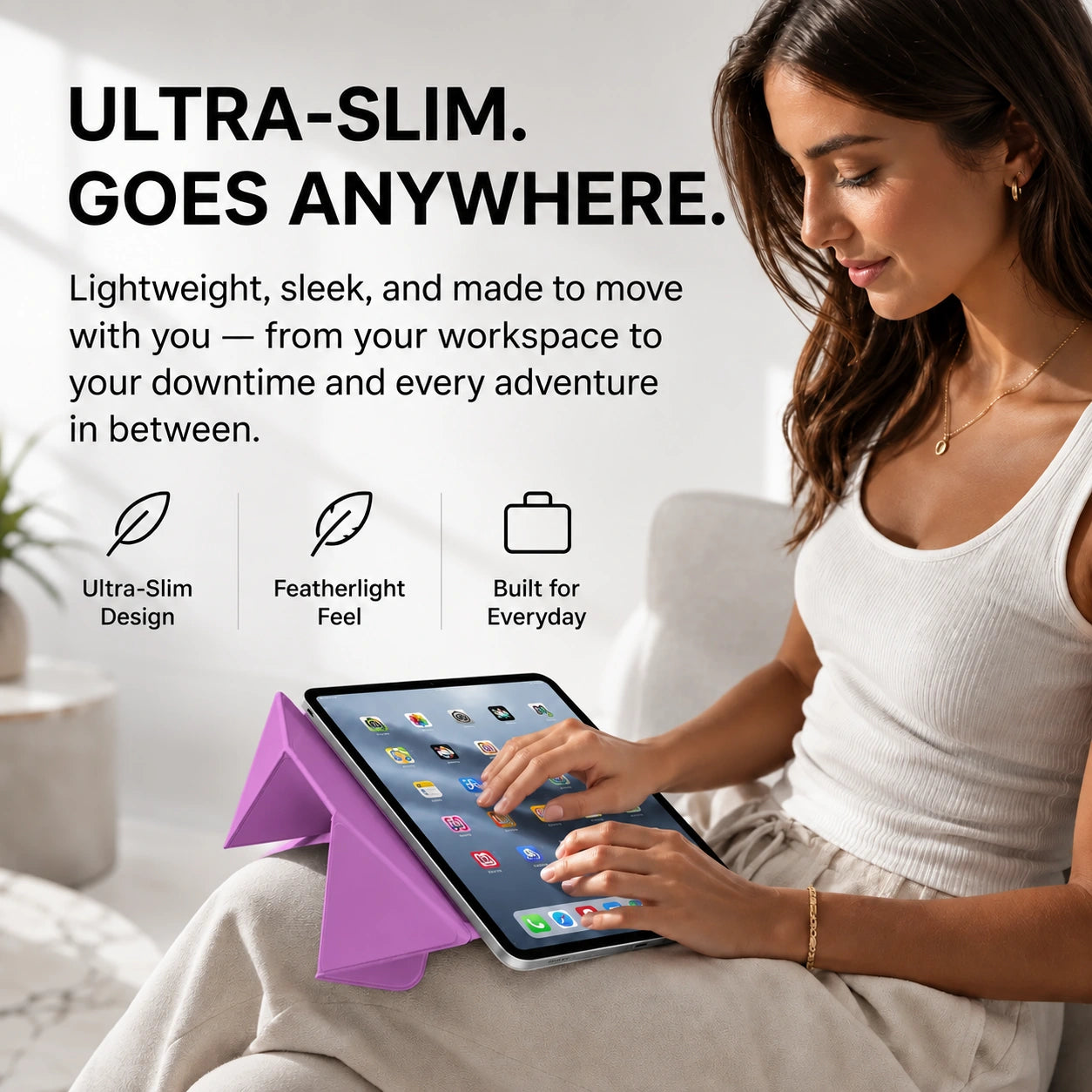 Lavender folding magnetic tablet stand used comfortably while traveling #color_Lavender