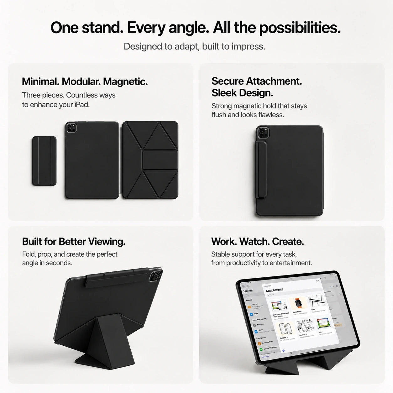 Midnight Black folding magnetic tablet stand showing modular stand components #color_Midnight Black