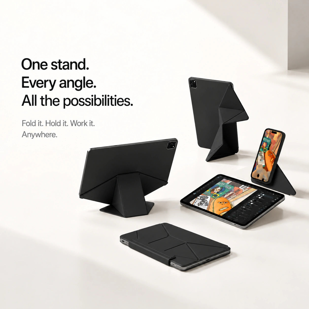 Midnight Black folding magnetic tablet stand shown at multiple viewing angles #color_Midnight Black