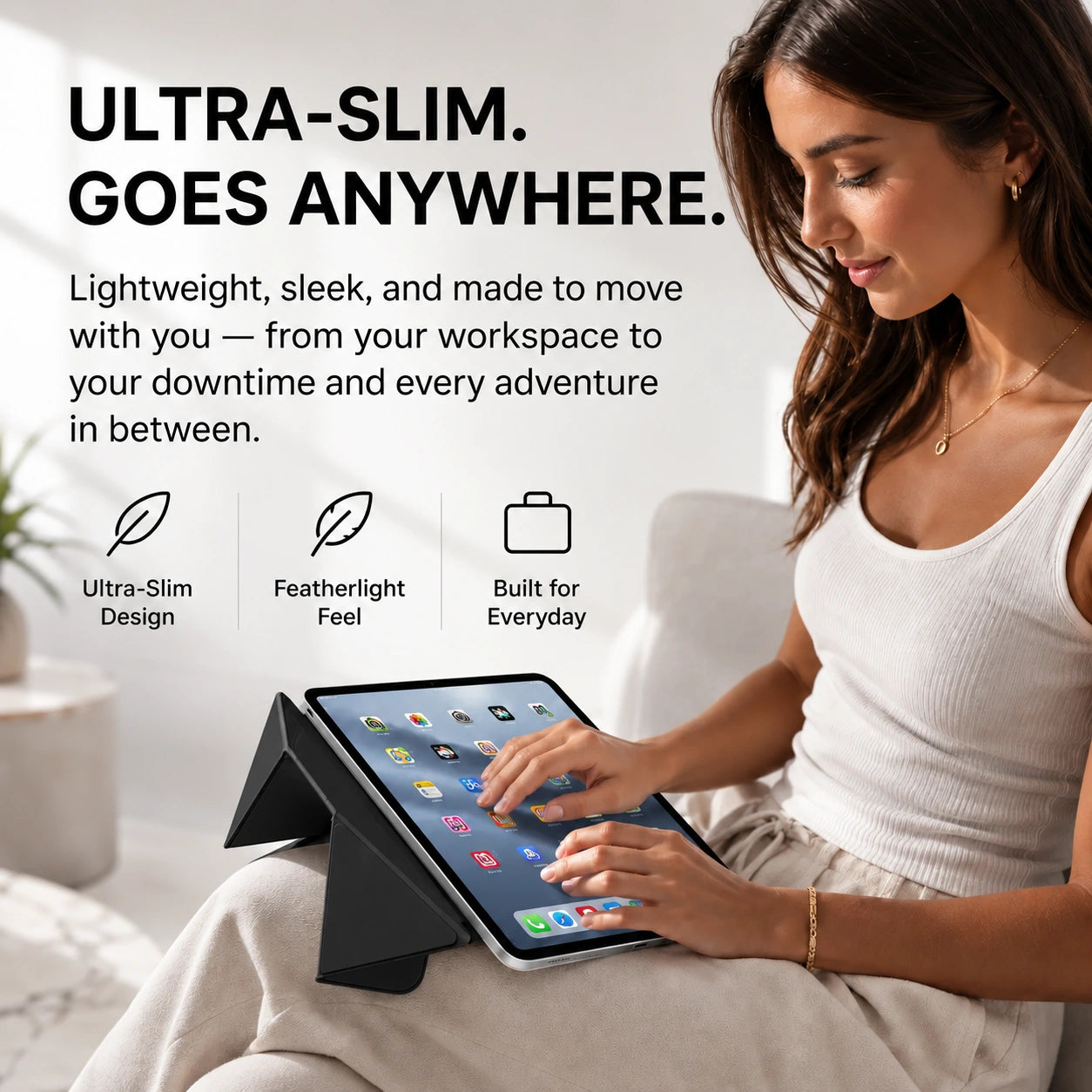 Midnight Black folding magnetic tablet stand used comfortably while traveling #color_Midnight Black