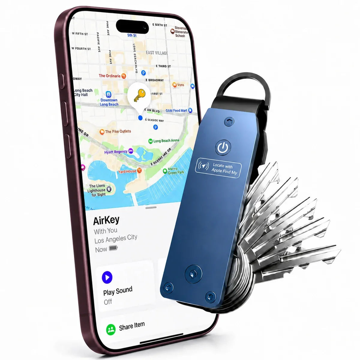 Horizon Blue tracking key organizer beside a Burgundy iPhone showing its location in Find My. #color_Horizon Blue