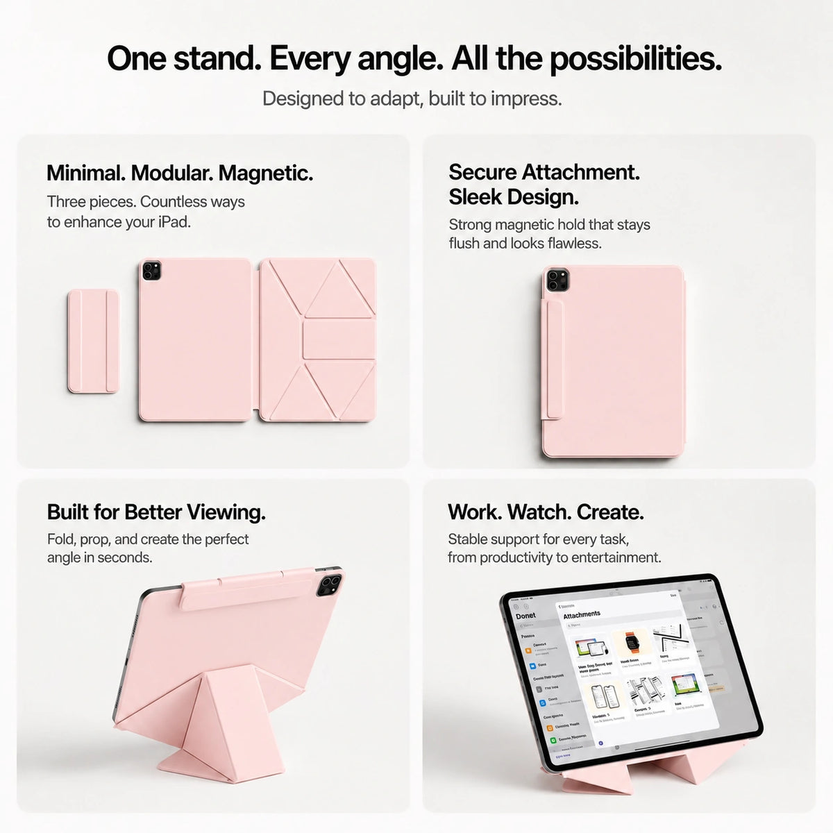 Rose Pink folding magnetic tablet stand showing modular stand components #color_Rose Pink