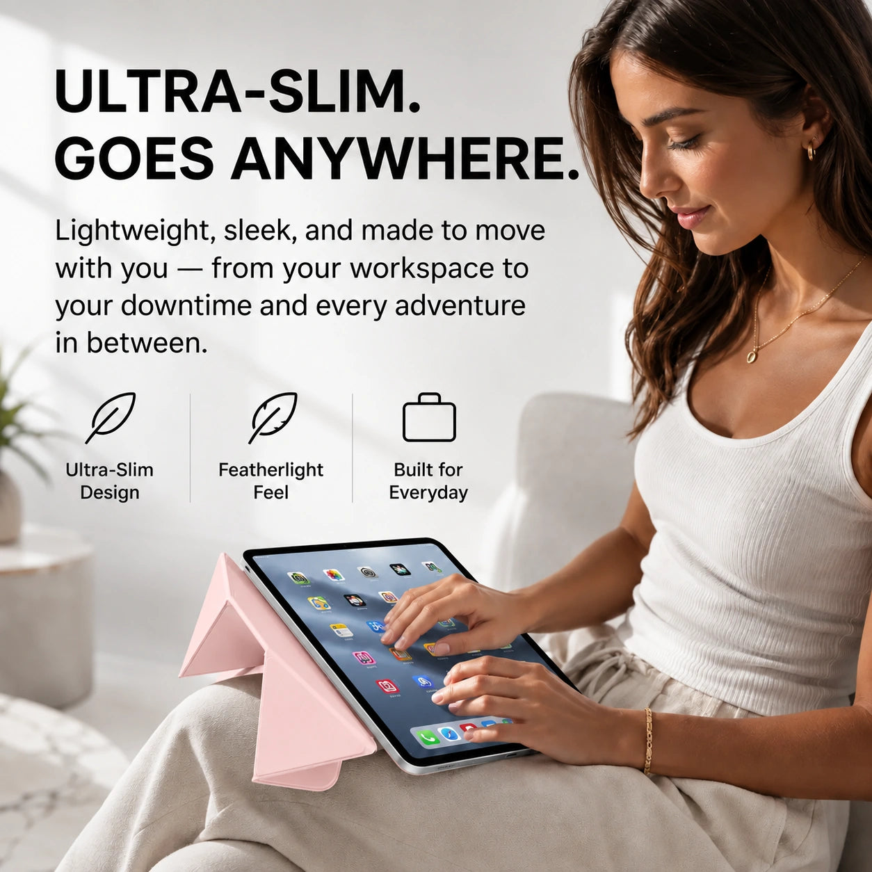 Rose Pink folding magnetic tablet stand used comfortably while traveling #color_Rose Pink