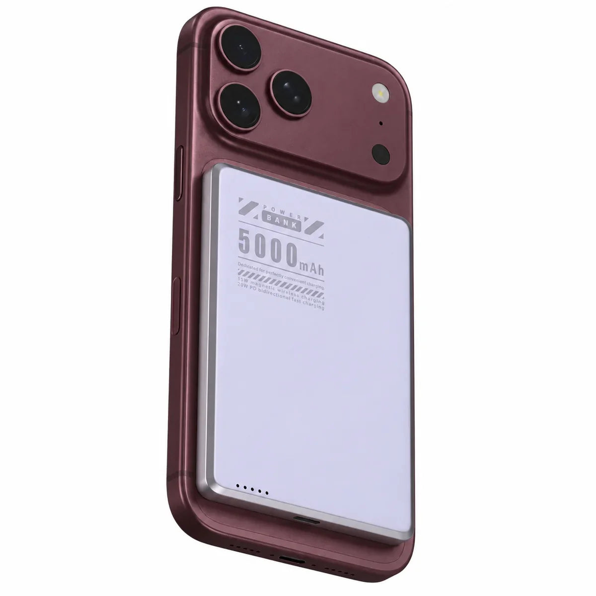 Lavender slim magnetic power bank on a Burgundy phone with a compact battery. #color_Lavender