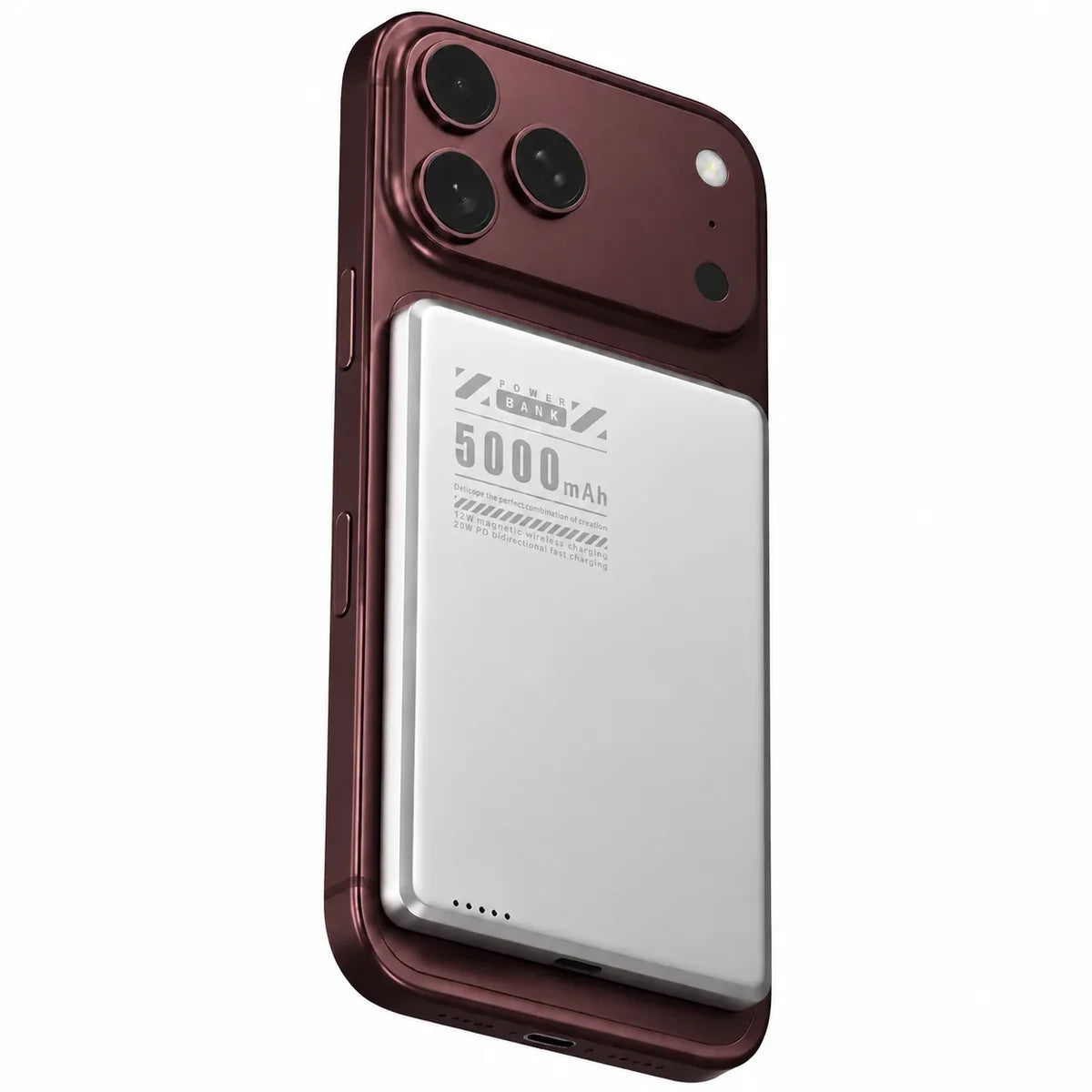 Titanium Stone Gray slim magnetic power bank on a Burgundy phone with a compact battery. #color_Titanium Stone Gray