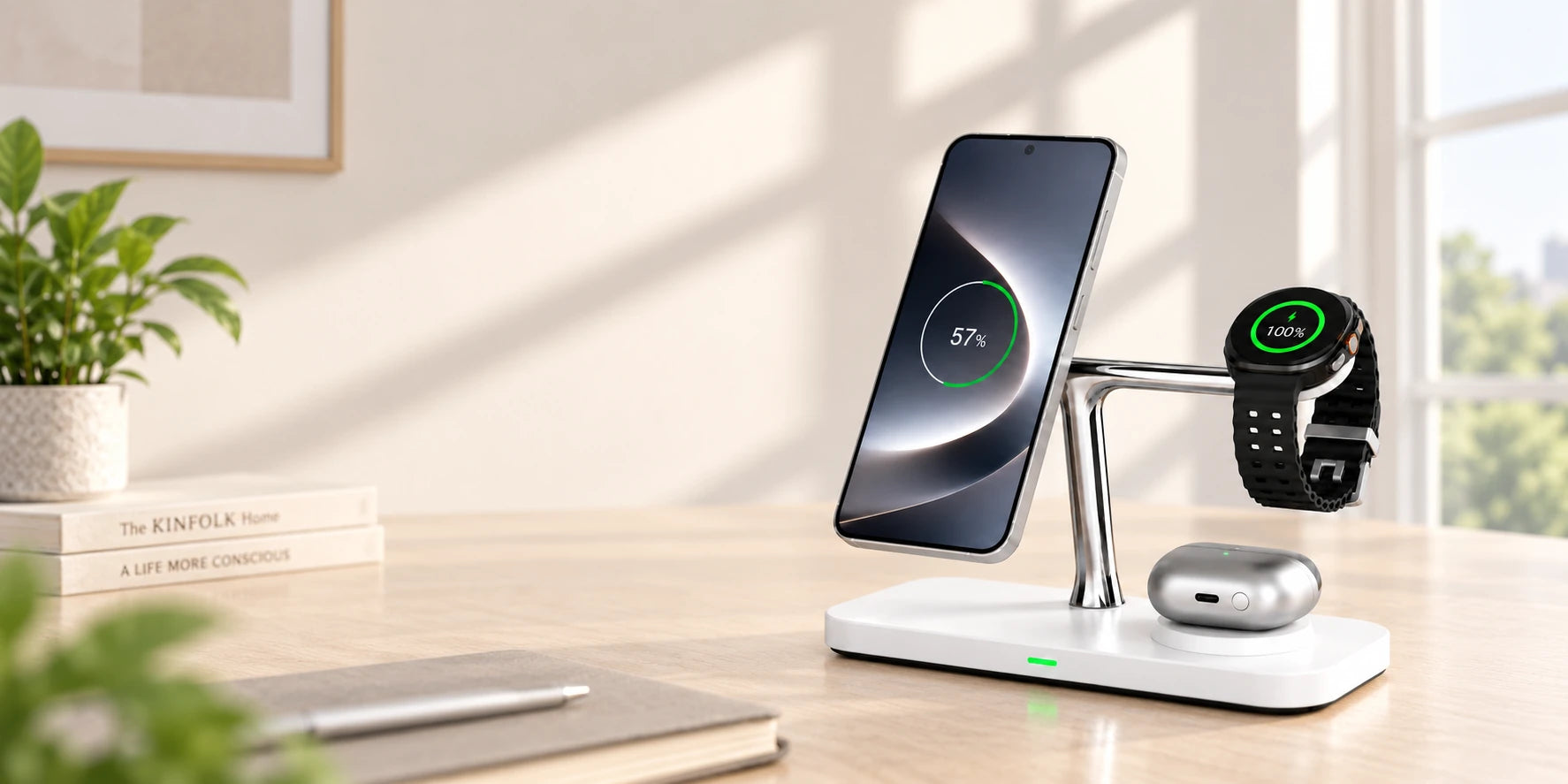 Close side view of a phone aligned against the dock's left charging pad.