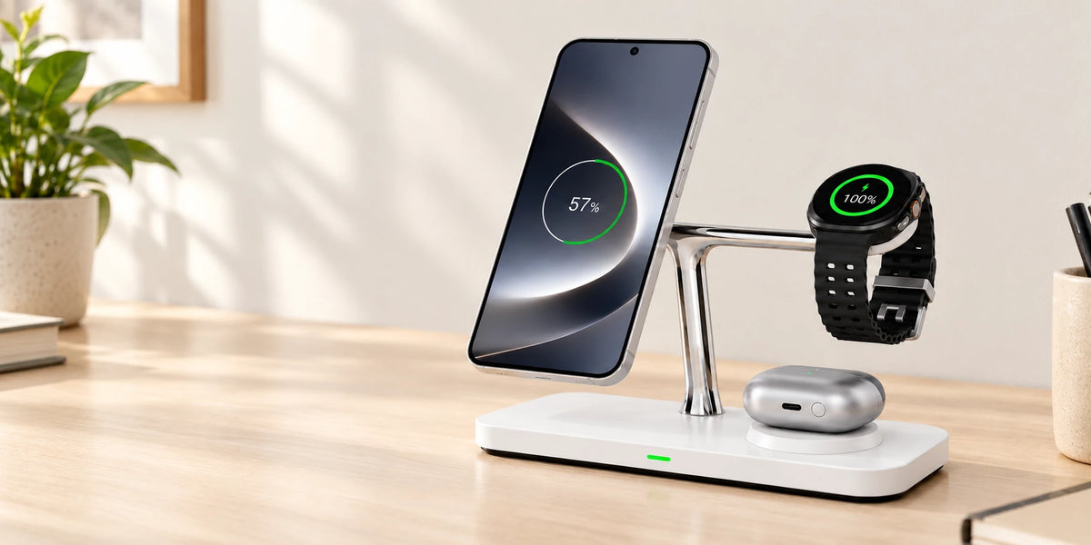 Phone, round black watch and silver earbuds on a white and chrome charging dock.