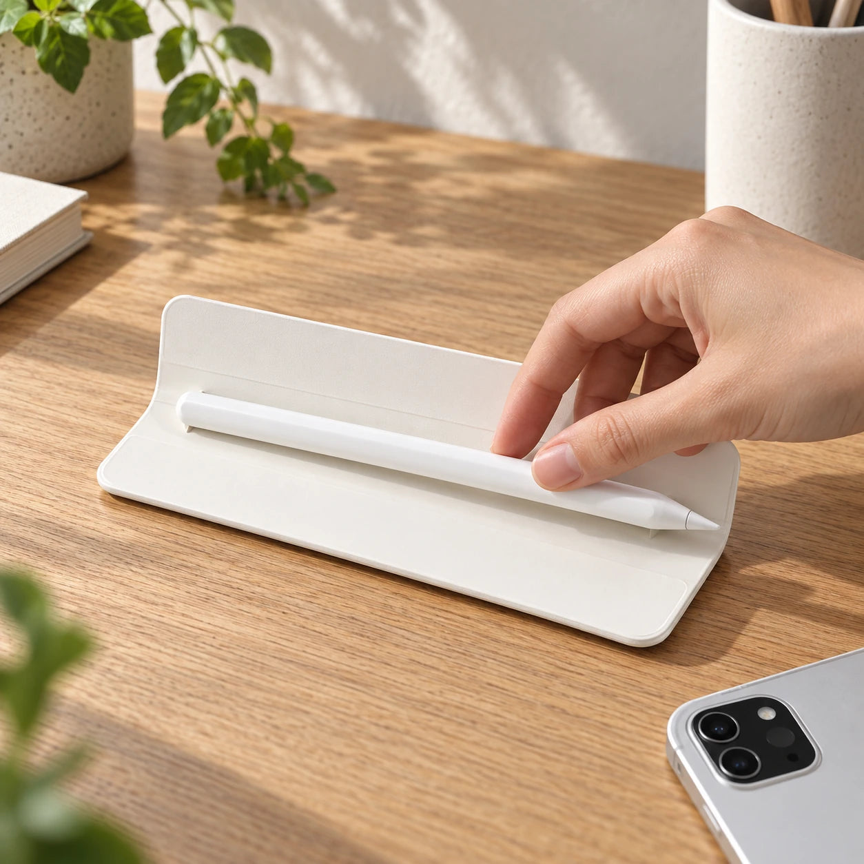 White stylus resting in its detachable holder beside a tablet.