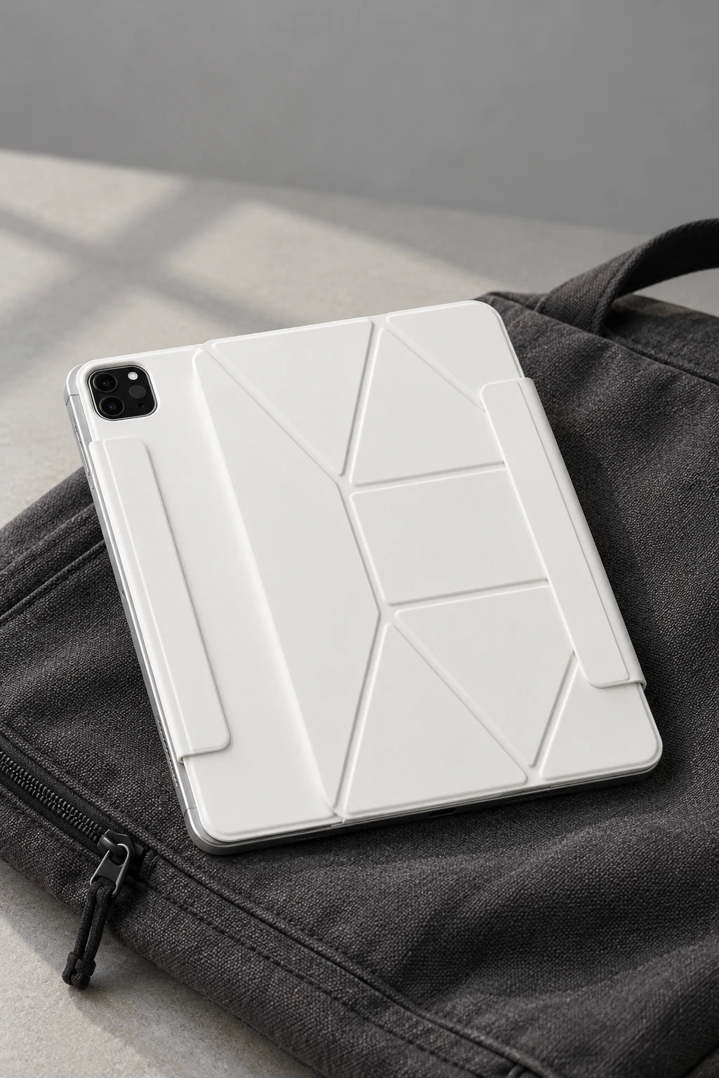 White tablet cover folded flat beside a canvas bag, showing its origami panel seams.