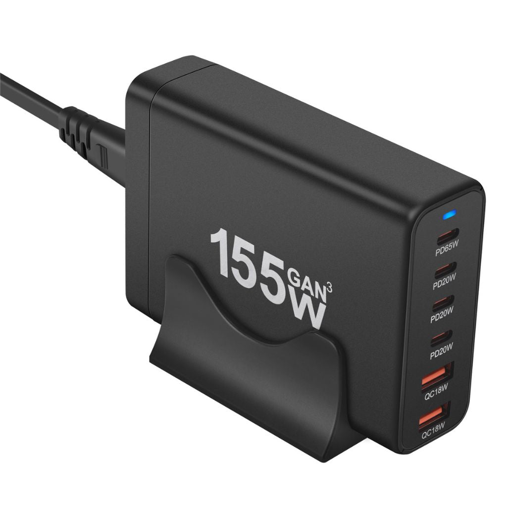 155W GaN 6-Port USB-C Charger with advanced GaN technology, featuring four USB-C PD ports and two USB-A QC 3.0 ports for fast and efficient multi-device charging. Compact and lightweight design suitable for home, office, and travel use.