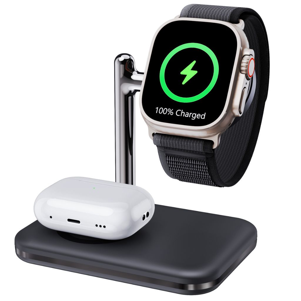 2-in-1 wireless charger for Apple Watch and AirPods, fast charging station, compact and portable, foldable design, adjustable angles, compatible with Apple Watch Ultra, Series 8, 7, 6, 5, 4, 3, 2, SE, and AirPods Pro, Pro 2, 3, 2, Type-C input, overcharge protection, for desk and travel use.