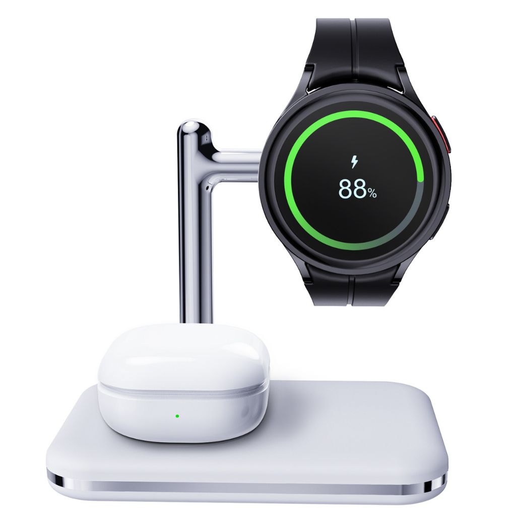 2-in-1 wireless charger for Samsung Galaxy Watch and Buds, fast charging station, compact and portable, foldable design, adjustable angles, compatible with Galaxy Watch 5, 5 Pro, 4, 4 Classic, 3, 3 Classic, Active 2, Active 1, and Galaxy Buds 2, 2 Pro, Pro, Live, Type-C input, overcharge protection, suitable for desk and travel use.