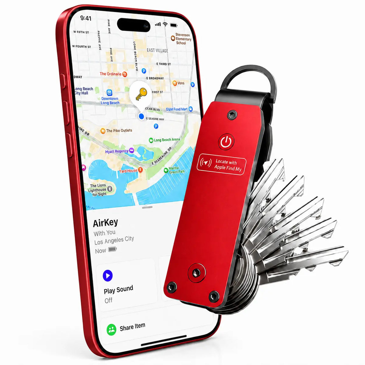 Crimson Red tracking key organizer beside a Burgundy iPhone showing its location in Find My. #color_Crimson Red