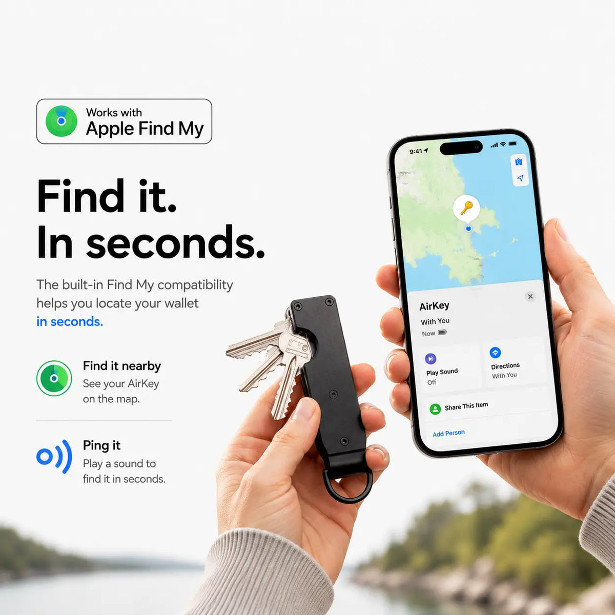 Stealth Black tracking key organizer being located using Find My on a Burgundy iPhone. #color_Stealth Black