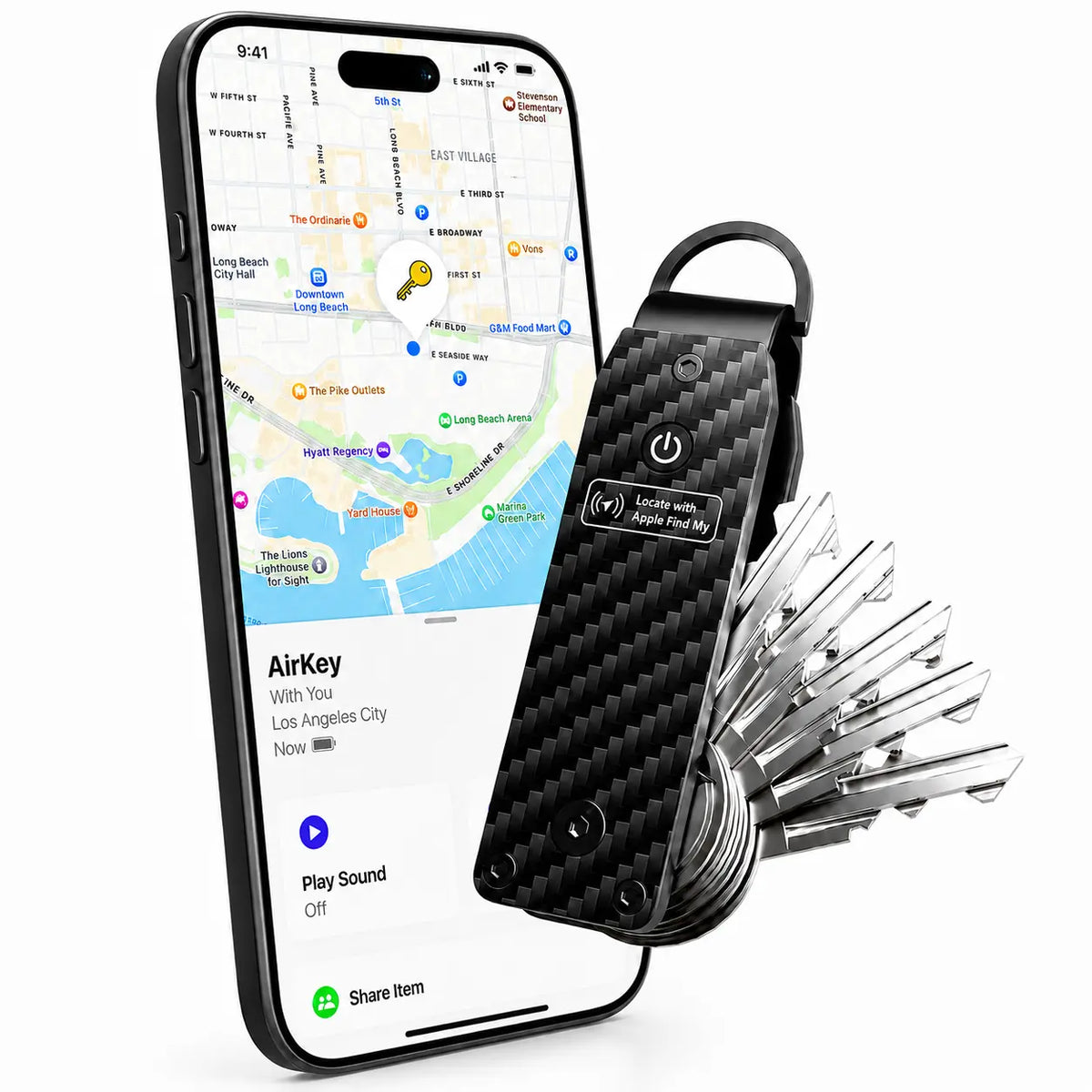 Carbon Weave tracking key organizer beside a Burgundy iPhone showing its location in Find My. #color_Carbon Weave