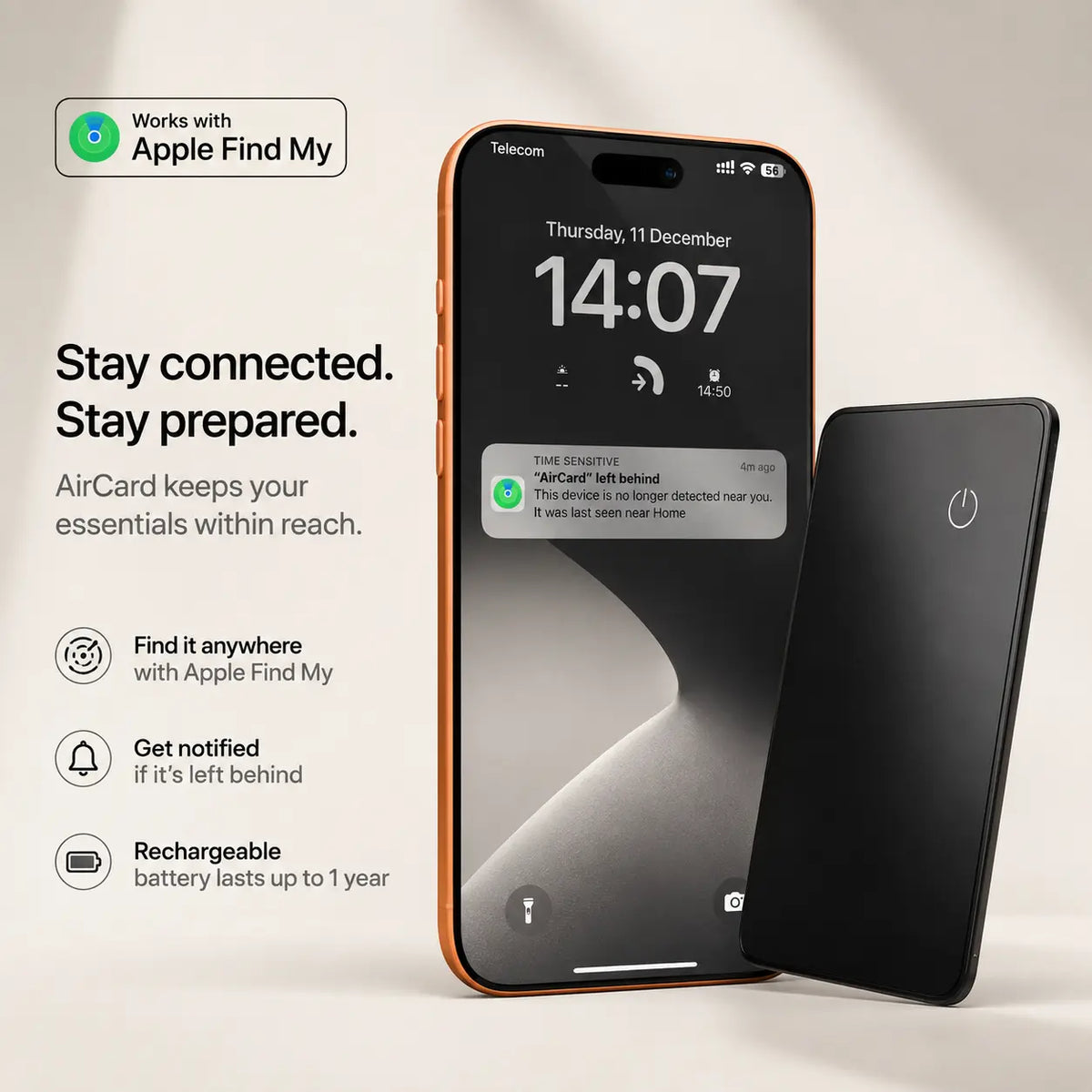 Black AirCard wallet tracker beside a Burgundy iPhone displaying a left-behind notification.