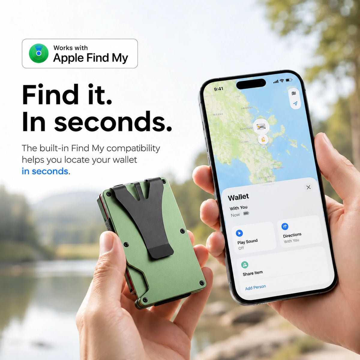 Hands holding a Arctic Green tracker wallet and Burgundy iPhone displaying Find My. #color_Arctic Green