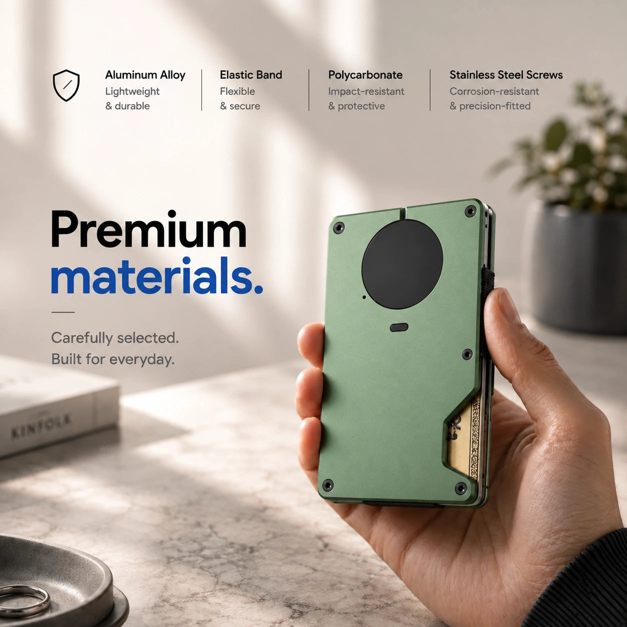 Arctic Green slim tracking card wallet showing its materials #color_Arctic Green