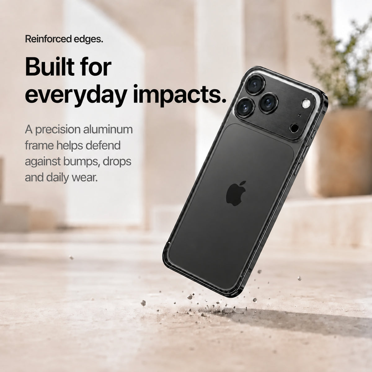 Black aluminum frame phone case demonstrating its reinforced frame during a drop #color_Midnight Black