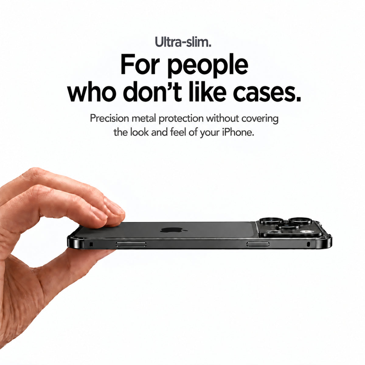 Black aluminum frame phone case held sideways showing its slim profile #color_Midnight Black