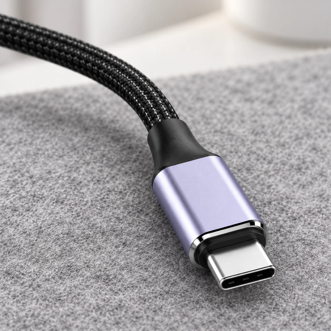 Close-up of black cable braiding and the reinforced lavender USB-C connector.