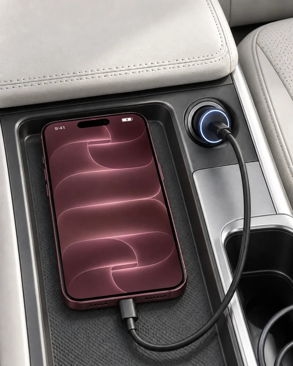 Orange smartphone connected at its bottom USB-C port to a compact charger in a car console.