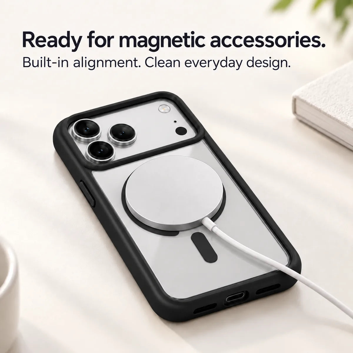 Black clear back phone case with a round magnetic charging puck attached. #color_Midnight Black