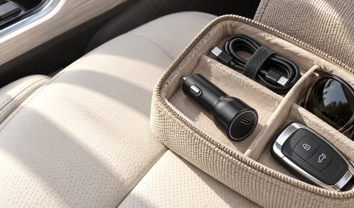 Compact black car charger packed with a cable and sunglasses in a woven travel pouch.