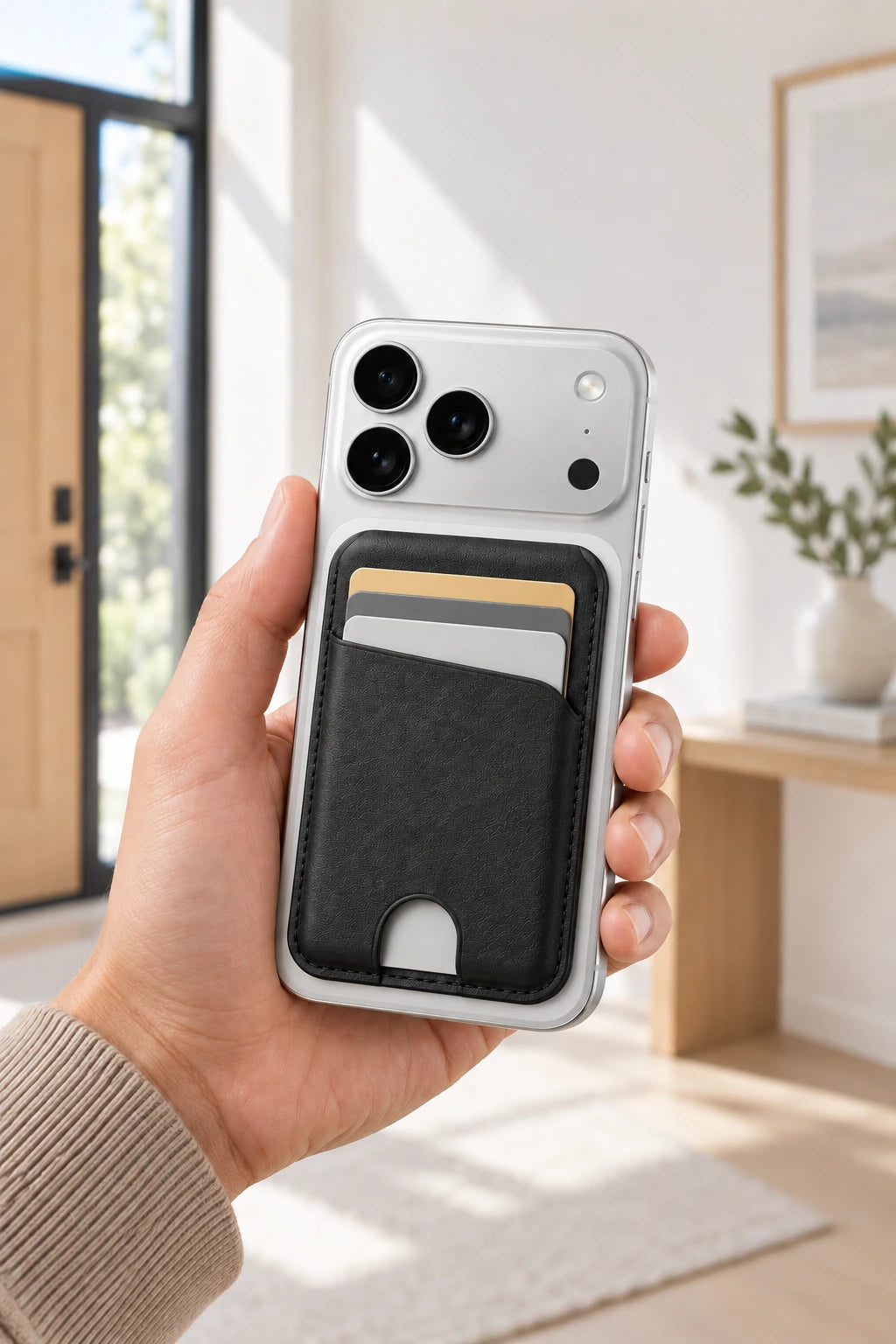 Black folding wallet attached flat to a silver phone held in one hand.