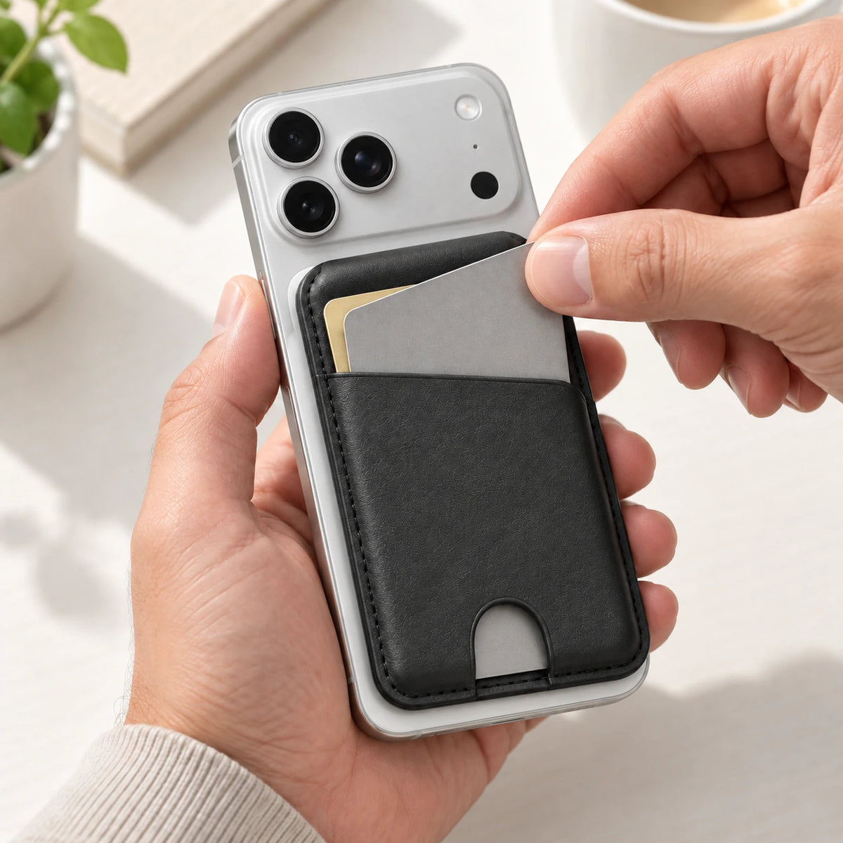 A hand sliding a plain card into a black magnetic wallet pocket.