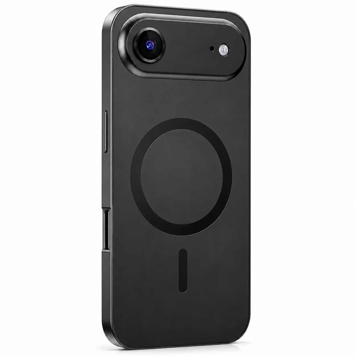 Black metal magnetic phone case with a single camera opening shown from the back on white #color_Midnight Black