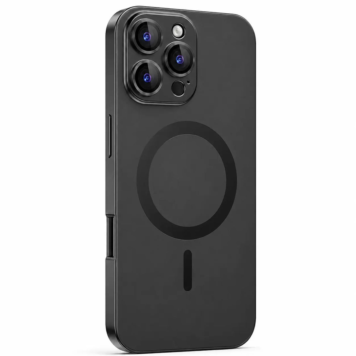 Black metal magnetic phone case with three camera openings shown from the back on white #color_Midnight Black