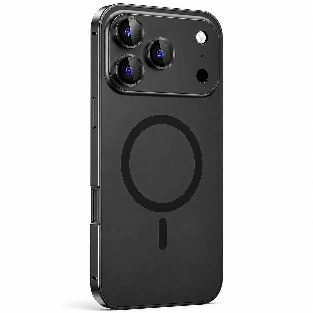 Black metal magnetic phone case with a wide camera surround, shown from the rear on white #color_Midnight Black