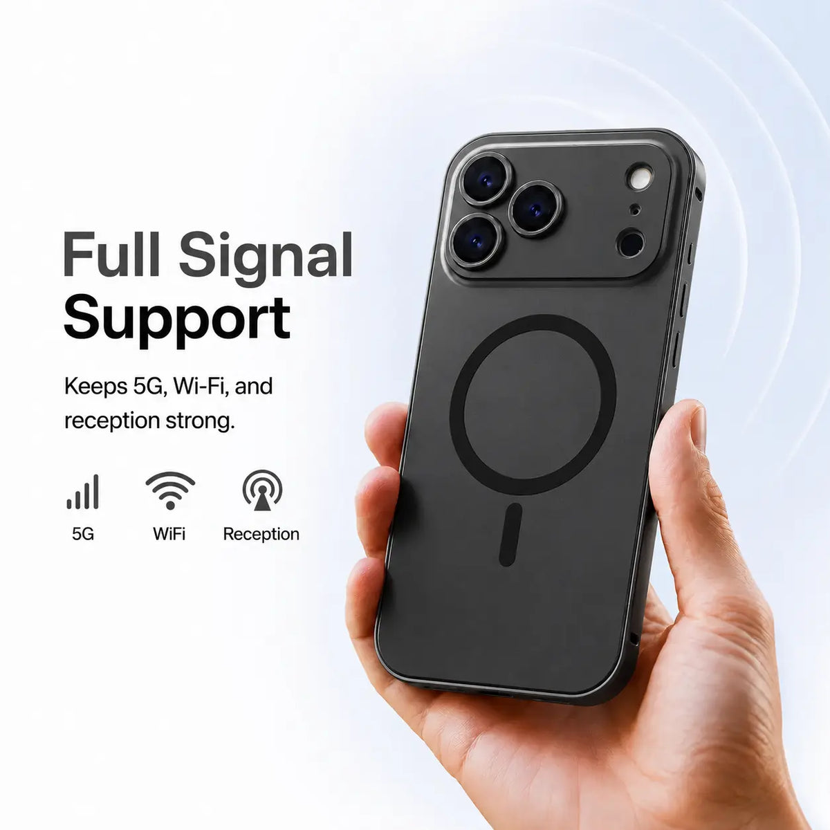 Black metal magnetic phone case held upright with illustrated signal icons #color_Midnight Black
