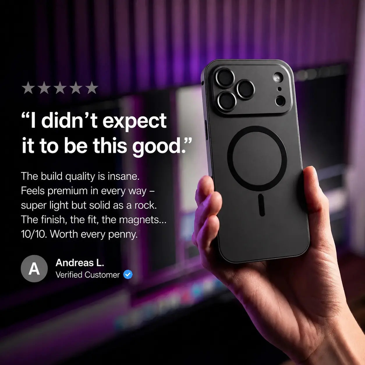 Black metal magnetic phone case held beside a purple-lit desk with a customer review quote #color_Midnight Black