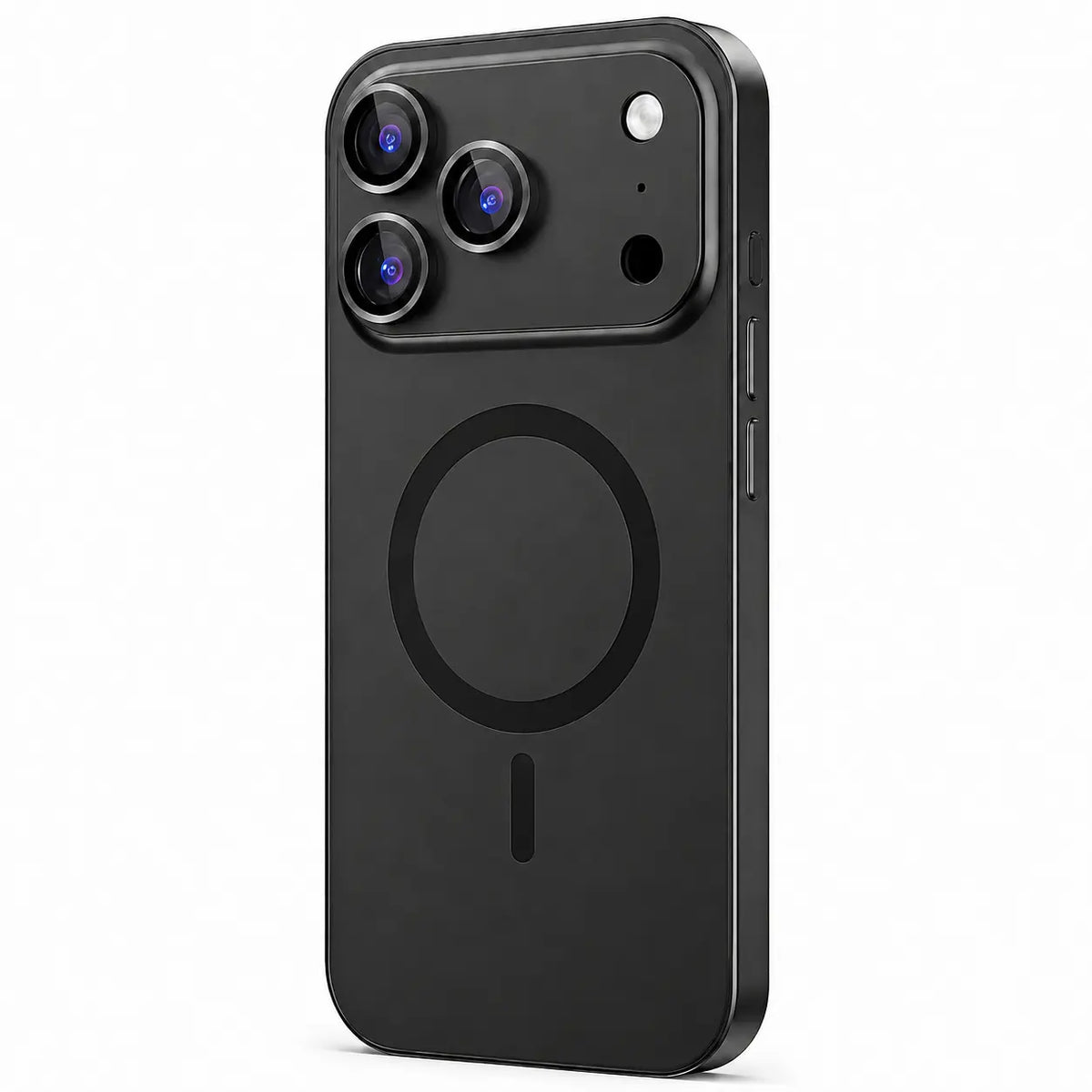 Black metal magnetic phone case in an upright rear detail view on a white background #color_Midnight Black